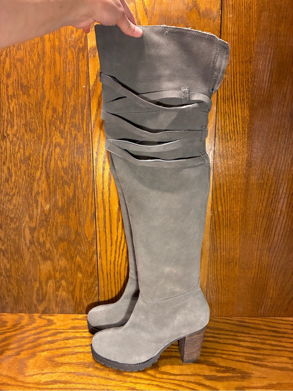 Y2K Apepazza Lace Wrap Over-the-Knee Boots Gray Suede Women’s 8.5